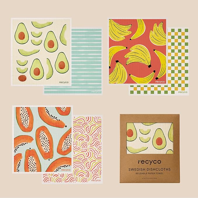 RECYCO Swedish Dishcloths for Kitchen | 6 Packs Fruit Joy Washable Dish Rags | Cellulose Reusable Cleaning Paper Towels | Absorbent Counter Dish Cloth Sponge Kitchen Wipes, 8" L x 7" W