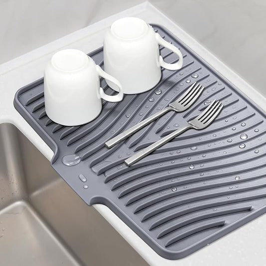 TIKNIK Silicone Dish Drying Mat for Kitchen Counter - Heat Resistant & Non-Slip Dish Drain Pad with Built-In Drain, Dishwasher Safe, Quick-Dry, Hangable & Roll-Up for Storage, Grey-1pcs, 16" x 12"