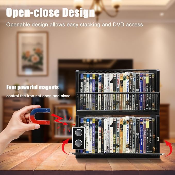 DVD Blu ray Storage Rack, DVD Shelf Holds Up To 28 DVD Cases, Stackable Wood & Metal DVD Tower with Magnetic Opening Door for Easy Access, Desktop Organizer for CDs, Video Game, VHS Tapes