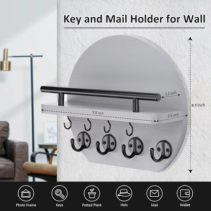 Nekon Key Holder for Wall - 9.8 Inch Apartment Wall Decor with Shelf and 8 Key Hooks, Circular Wood Key Hanger for Home Decor (Gray)
