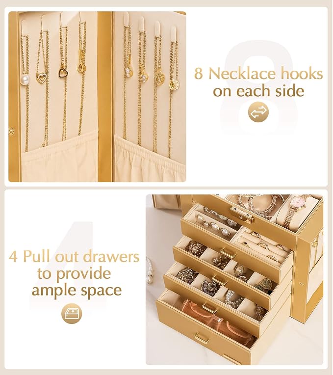 Homde Mothers Day Gifts Synthetic Leather Huge Jewelry Box Mirrored Watch Organizer Necklace Ring Earring Storage Lockable Gift Case (Gold)