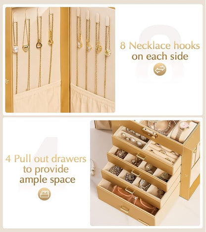 Homde Mothers Day Gifts Synthetic Leather Huge Jewelry Box Mirrored Watch Organizer Necklace Ring Earring Storage Lockable Gift Case (Gold)