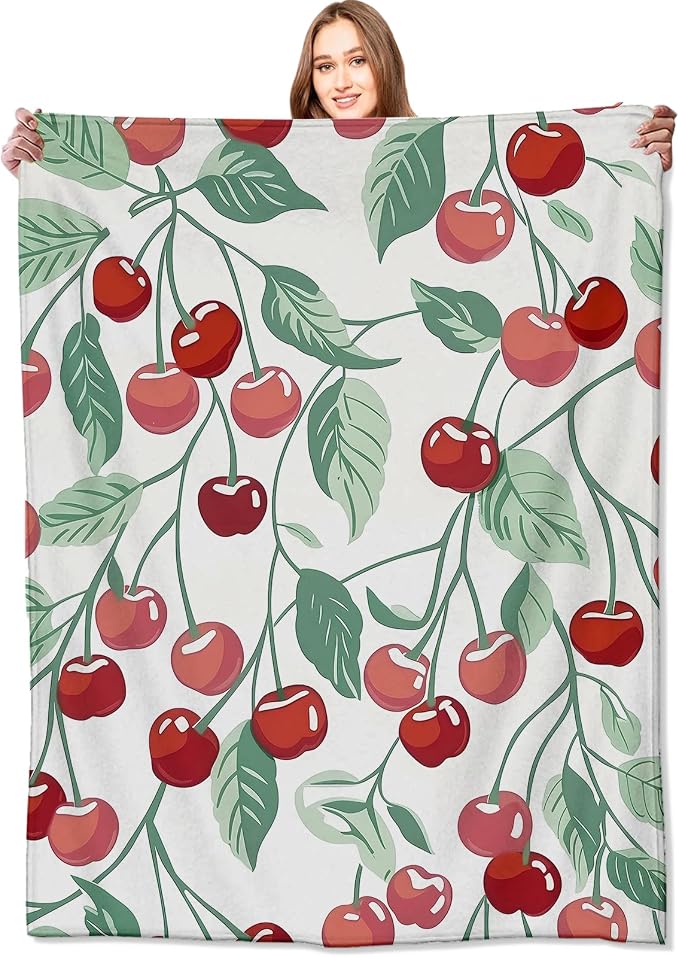 Cherry Blanket Fresh Red Fruit Throw Blankets with Green Leaves,Birthday Gifts for Kids Adult Women,Lightweight Soft Fleece,for Sofa Couch Bed Room Farmhouse Summer Decor 50x60in