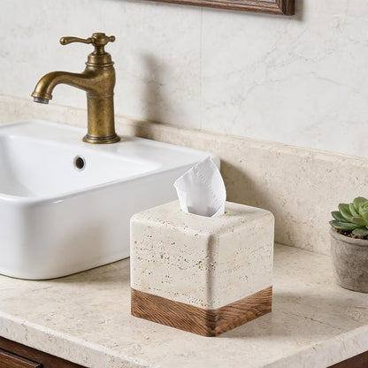 Natural Travertine Match Wooden Square Tissue Box Cover Decorative,Resin Heavy Sturdy Tissue Box Holder, Facial Paper Holder for Bathroom Vanity Countertop, Bedroom Night Stand,Office and End Table