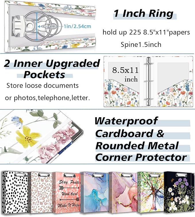3 Ring Binder 1 Inch, Three Ring Binders Organizer with Clipboard, 5-Tabs Pockets Dividers, Plastic Folder, 18 Divider Stikers, BVSSX Cute Binder with Pen Loop (Blue Bloom, Letter Size)