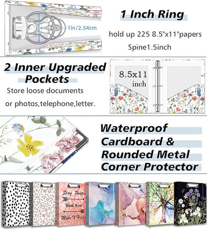 3 Ring Binder 1 Inch, Three Ring Binders Organizer with Clipboard, 5-Tabs Pockets Dividers, Plastic Folder, 18 Divider Stikers, BVSSX Cute Binder with Pen Loop (Blue Bloom, Letter Size)