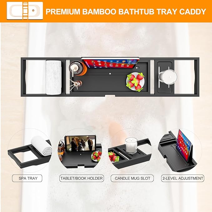 Bathtub Tray Black- Expandable Bamboo Wooden Bath Trays for Bathub - Bath Tub Table Tray for Bathtub/Tub,Adjustable Size, Fits Most Tubs