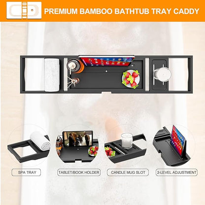 Bathtub Tray Black- Expandable Bamboo Wooden Bath Trays for Bathub - Bath Tub Table Tray for Bathtub/Tub,Adjustable Size, Fits Most Tubs