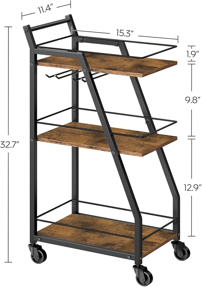 Bar Cart, Bar Cart for The Home, Small Bar Cart on Wheels, Beverage Cart, Home Bar Serving Cart with Glass Holder, Drink Cart for Bar, Kitchen, Rustic Brown and Black BC03BR