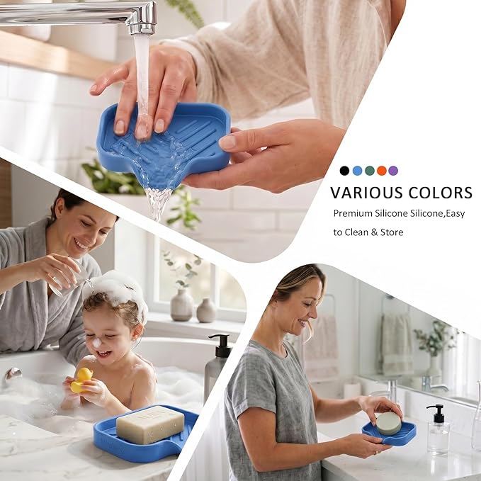 MicoYang Silicone Soap Dish with Drain Spout, Self-Draining Sink Organizer Tray for Bathroom & Kitchen, Sponges, Dispensers & Soap Holder, Non-Slip & Dishwasher Safe, Lichen Blue (Compact, 4.9"×3.2")