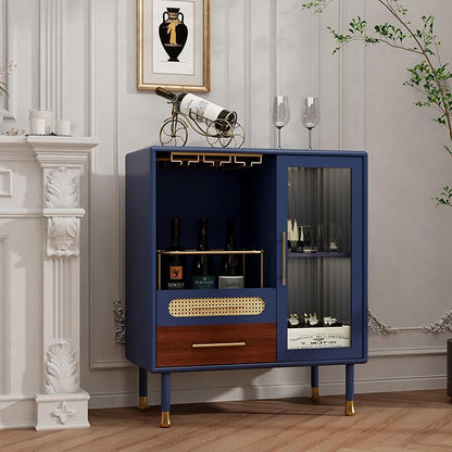 ARTPOWER Modern Coffee Bar Cabinet with Wine Glass Rack and Drawers, Blue Liquor Cabinet with Pull-Out Wine Storage for Kitchen, Dining Room, Living Room