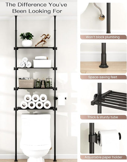 ALLZONE Adjustable Over The Toilet Storage Shelf, 4-Tier Ample Bathroom Organizer and Storage, Tension Mounted Above Toilet Storages Cabinet for Versatility, Fits 66-113 Inch Heights, Matte Black