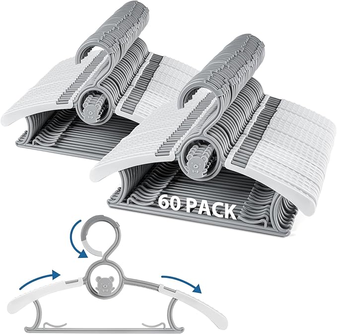 Baby Hangers for Closet Adjustable, Extendable & Stackable Kids Hangers, 11~14inch Non-Slip Plastic Kid Hangeres, Toddler Hangeres for Infant Baby Toddler Children Nursery Teen, Gray, 60PACK