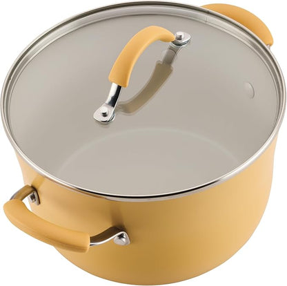 Rachael Ray Cucina Ceramic Cookware Set - 13 Pieces - Ceramic Pots and Pans Set w/Nonstick Frying Pans, Saute Pan, Saucepans, Stockpot, Lids, Pan Protectors - Turmeric
