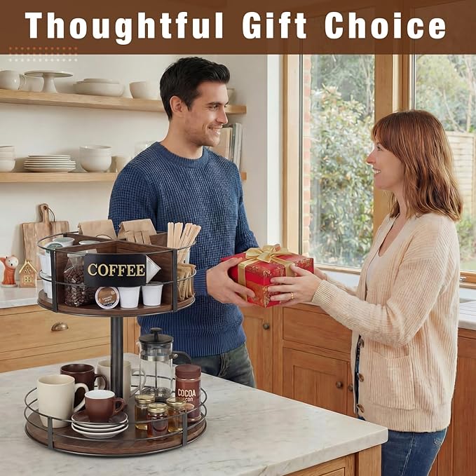 Sieral 360° Rotating Coffee Bar Organizer 2 Tier Coffee Bar Lazy Susan Wood Metal Station Organizer Holder with Convenient Grab-and-go for Countertop Pod Syrup Mug Tea Spice Snack Kitchen Office