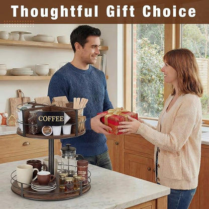 Sieral 360° Rotating Coffee Bar Organizer 2 Tier Coffee Bar Lazy Susan Wood Metal Station Organizer Holder with Convenient Grab-and-go for Countertop Pod Syrup Mug Tea Spice Snack Kitchen Office