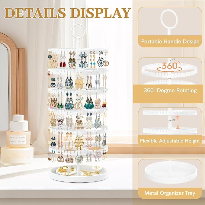 MODOWEY 6 Tier Rotating Earring Holder Organizer Display Tree with Metal Tray, Adjustable Plastic Stand with 342 Slots for Stud Hoop Hanger, Large Capacity Storage Rack for Women Space-Saving, White