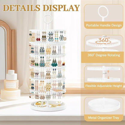 MODOWEY 6 Tier Rotating Earring Holder Organizer Display Tree with Metal Tray, Adjustable Plastic Stand with 342 Slots for Stud Hoop Hanger, Large Capacity Storage Rack for Women Space-Saving, White