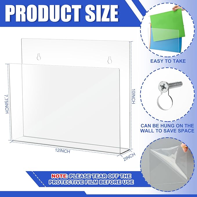 2 Pcs 12 Inch Acrylic Wall File Holder Tablet or Patient Chart Holder with Open Sides Medical Files Hanging Organizer for Wall Anchor Hardware for School Office Home (Square Style)