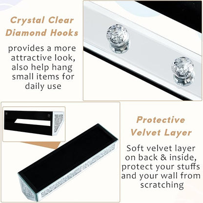Crushed Diamond Wall Key Holder with Shelf, Crystal Mirror Wall Mounted Key Holder with Shelf for Entryway and Home Decor