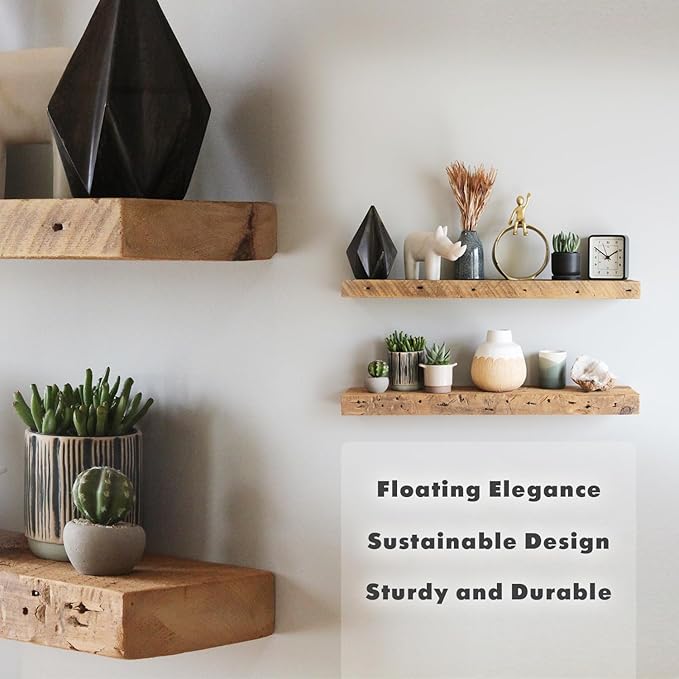 Urban Legacy Reclaimed Barnwood Planks | Floating Shelves for Wall w/Flush Mount Shelf Bracket Set Included | Set of 2 (Natural, 30"x7"x 2")