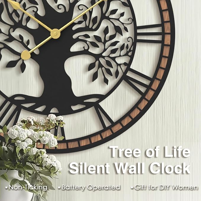 Micasso Non-Ticking Large Wall Clock: 18Inch Tree of Life Metal Black with Solid Wood Frame - Battery Operated Silent Clock for Living Room/Office/Bedroom/Kitchen - Home Decor for Professional Woman