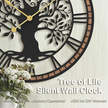 Micasso Non-Ticking Large Wall Clock: 18Inch Tree of Life Metal Black with Solid Wood Frame - Battery Operated Silent Clock for Living Room/Office/Bedroom/Kitchen - Home Decor for Professional Woman