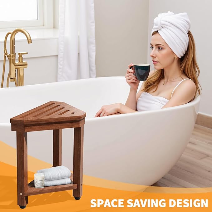 Shower Foot Rest 15 in, Acacia Shower Stool for Shaving Legs,Corner Bath Shower Bench with Starage Shelf for Inside Small Shower Spaces