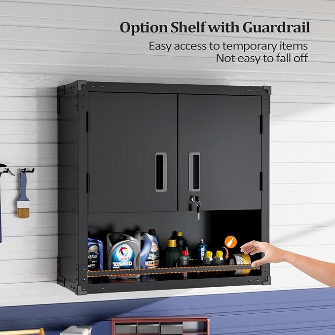 VINGLI Garage Wall Cabinet with Locking Doors and Adjustable Shelf, Metal Wall Cabinet, Floating Upper Storage Cabinet (Black, 30''W x 12''D x 30''H)