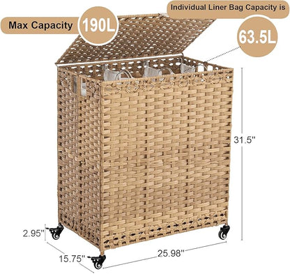 Laundry Hamper with Wheels&Lid, 50.2 Gallons(190L) Rolling Laundry Basket with Wheels, 3-Section Laundry Hamper, Handwoven Rattan Clothes Hamper with 6 Removable Liner& 3 Mesh Laundry Bags, Natural