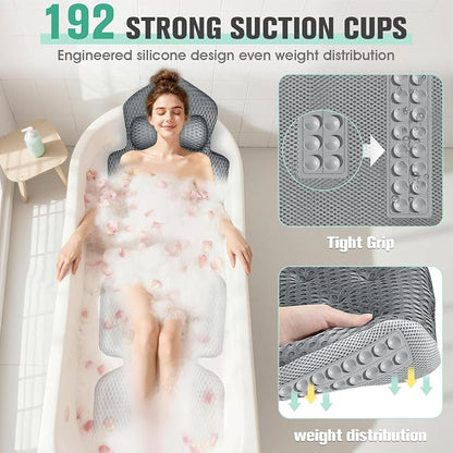 Upgraded Full Body Bath Pillow for Bathtub,Luxury Thick Bath Cushion for Soaking Tub with 192 Suction Cups,Full Body Bathtub Pillows for Head and Neck Shoulder Support,4D Air Mesh, 53" x 16" Dark Gray