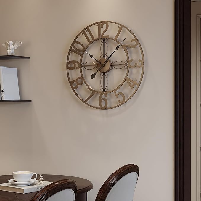 Cuspin 24 inch Wall Clock, Large Wall Clocks for Living Room, Decorative Metal Round Clock Battery-Operated Silent Non Ticking Retro Rustic Arabic Numerals Analog, Bronze