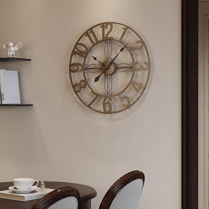 Cuspin 24 inch Wall Clock, Large Wall Clocks for Living Room, Decorative Metal Round Clock Battery-Operated Silent Non Ticking Retro Rustic Arabic Numerals Analog, Bronze