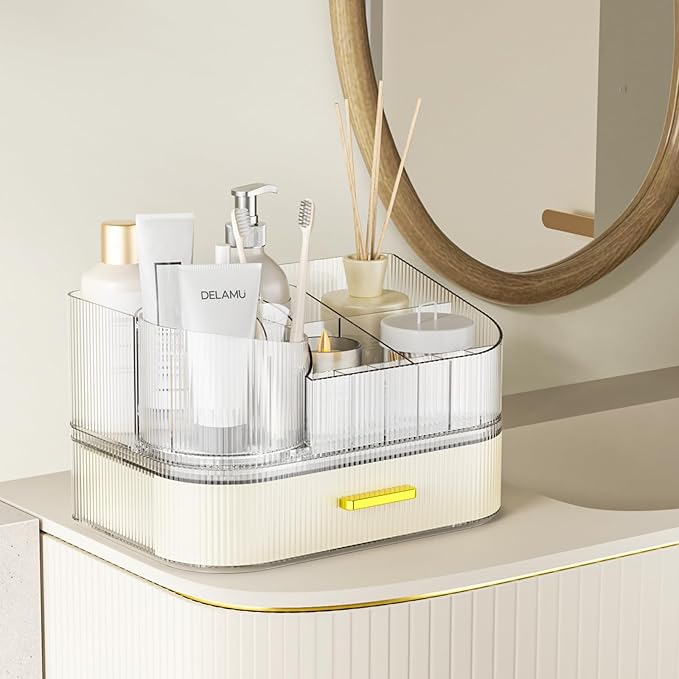 Delamu Makeup Organizer for Vanity with Stackable Drawers, 360 Rotating Makeup Brush Holder Large Cosmetic Display Case, Bathroom Skincare Storage, Elegant White, Ideal Christmas Gifts for Girls