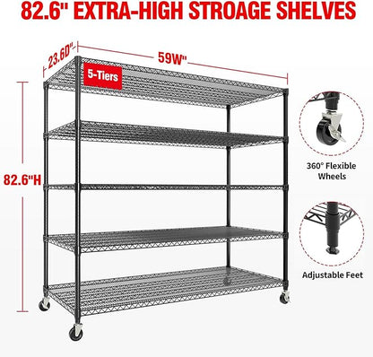 GarveeLife 82" H Storage Shelves with Wheels 3300 LBS Heavy Duty Metal Shelving 5-Tier Wire Shelving for Corner Storage Rack Adjustable Pantry Shelf for Kitchen Pantry, 82" H x 59" W x 23.5" D