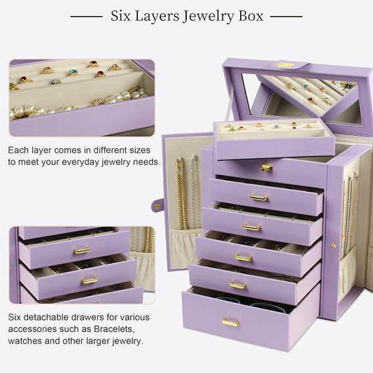 AKOZLIN 6-Tier Jewelry Box Organizer Functional 5 Drawers Leather Jewelry Storage Case for Women Girls Ring Necklace Earring Bracelet Holder Organizer with Mirror Violet Large