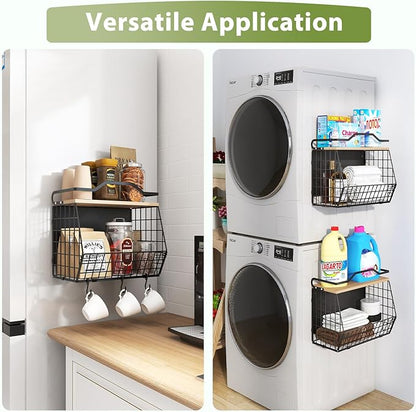 Magnetic Shelf for Fridge with Wood Lid, 2 Tier Fruit Baskets Wall Mounted Hanging Basket with 4 Hanger Hooks, Potato and Onion Magnetic Storage Bins for Kitchen Counter, Refrigerator, Cabinet