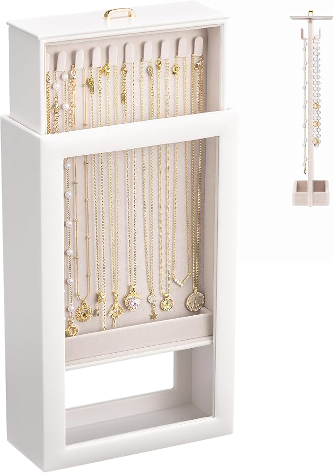 Lolalet Upgraded Double-Sided Hanging Necklace Organizer Box, Jewelry Display Case with Double-Sided Clear Window for Necklaces Bracelets, Tangle-Free Necklace Storage Box, White, 1-Layer 20 Hooks