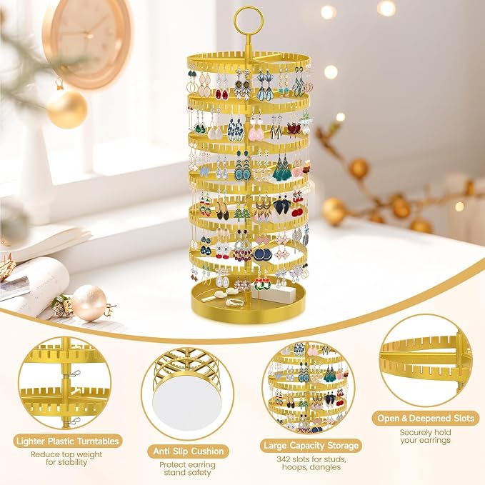 MODOWEY 6 Tier Rotating Earring Holder Organizer Display Tree with Metal Tray, Adjustable Plastic Stand with 342 Slots for Stud Hoop Hanger, Large Capacity Storage Rack for Women Space-Saving, Gold