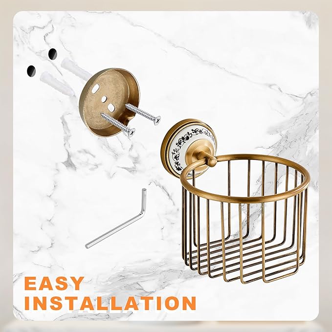 Vintage Wall-Mounted Toilet Paper Holder with Wire Basket Design, Antique Brass, Wall-Mounted Bath Hand Towel Holder with Ceramic Inlay, Vintage Style.