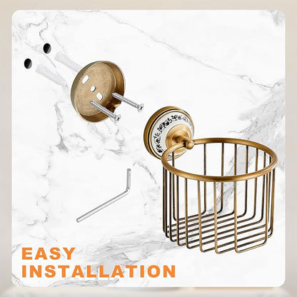 Vintage Wall-Mounted Toilet Paper Holder with Wire Basket Design, Antique Brass, Wall-Mounted Bath Hand Towel Holder with Ceramic Inlay, Vintage Style.