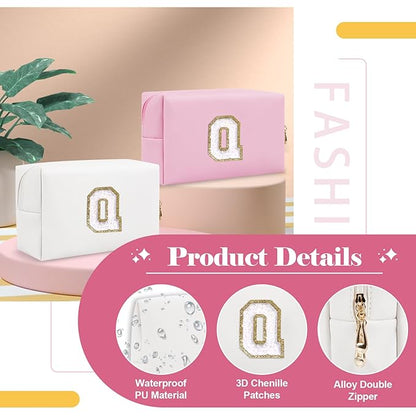 Small Personalized Initial A-Z Preppy Patch Makeup Bag,White PU Chenille Letter Travel Cosmetic Pouch with Zipper,Cute Toiletry Bag,Gift Ideal for Teen Girls Women Teacher Bridesmaid,Letter Q