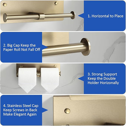 BGL Toilet Paper Holder with Shelf Matte Brushed Gold Double Head Toilet Tissue Roll Holder 304 Stainless Steel Wall Mount for Bathroom