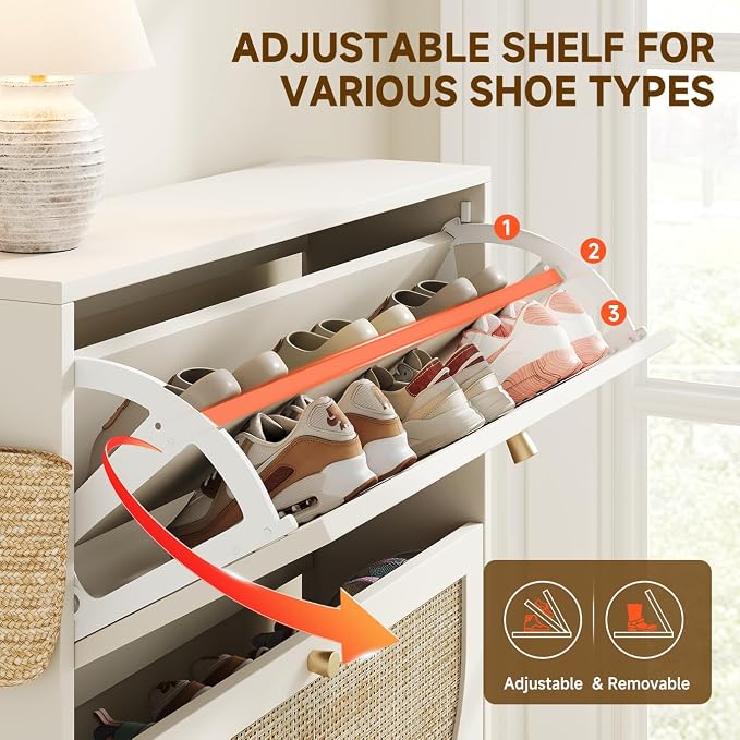 Nicetree Shoe Cabinet Storage for Entryway Slim 9.5" Freestanding Floor Base Shoe Storage Cabinet, 2 Flip Drawers with 3-Position Adjustable Divider, Holds 16-24 Pairs, Cream White