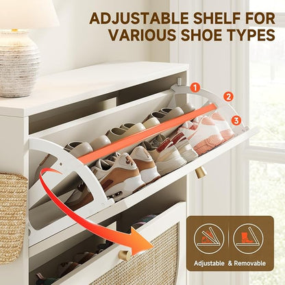 Nicetree Shoe Cabinet Storage for Entryway Slim 9.5" Freestanding Floor Base Shoe Storage Cabinet, 2 Flip Drawers with 3-Position Adjustable Divider, Holds 16-24 Pairs, Cream White