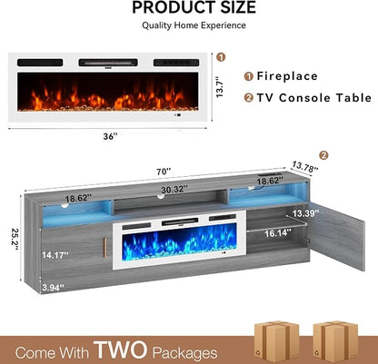MXV 70" Fireplace TV Stand with Power Outlet for TVs UP to 80", Electric Fireplace Entertainment Center with LED Lights & Storage Cabinets, TV Console for Living Room, Office, Grey-White
