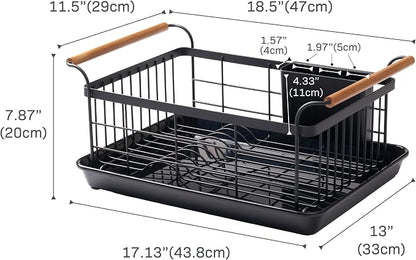 YAMAZAKI Home Dish Drying Rack – Modern Black Dish Rack for Kitchen Counter with Removable Drainer Tray and Cutlery Holder, Steel + Wood Dish Drying Organizer, Small Space-Saving Design
