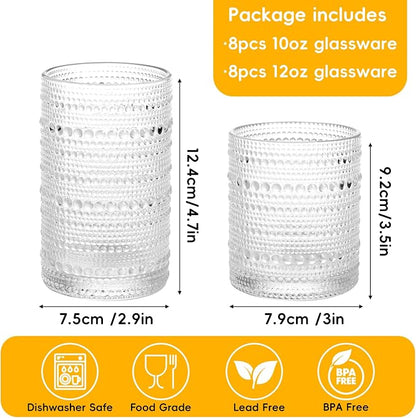 Moretoes Hobnail Drinking Glasses Set of 16, 12 Oz Highball Glasses & 10 Oz Cocktail Glasses, Clear Embossed Boho Glass Cups Kitchen Bar Tumbler Glassware Set for Whiskey, Beer, Juice, Milk (Clear)