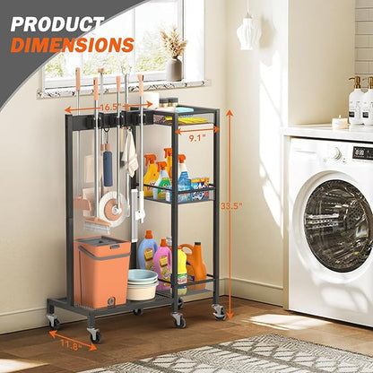 Broom Holder with Cleaning Supplies Organizer, Broom Closet Storage Cabinet with Cleaning Caddy, Cleaning Cart with Mop Hanger Gripper Rack Hooks,Janitorial Cart,Utility Carts Household Essentials