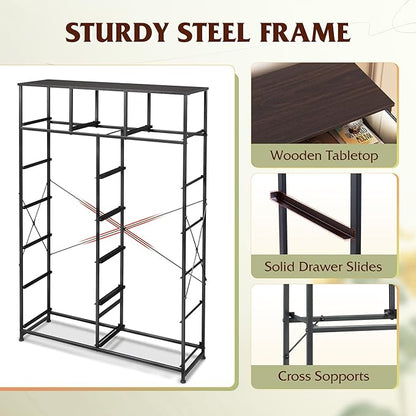 Tall Console Table with 13 Fabric Drawers, Entryway Table with Storage, Tall Storage Organizer with Wood Top, Steel Frame for Living Room, Hallway, Office, Dark Grey